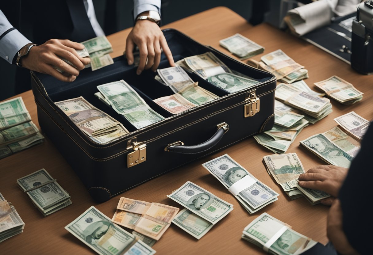 Uma pessoa cuidadosamente arrumando itens em uma mala, cercada por várias notas de moeda internacional e um mapa de diferentes países.