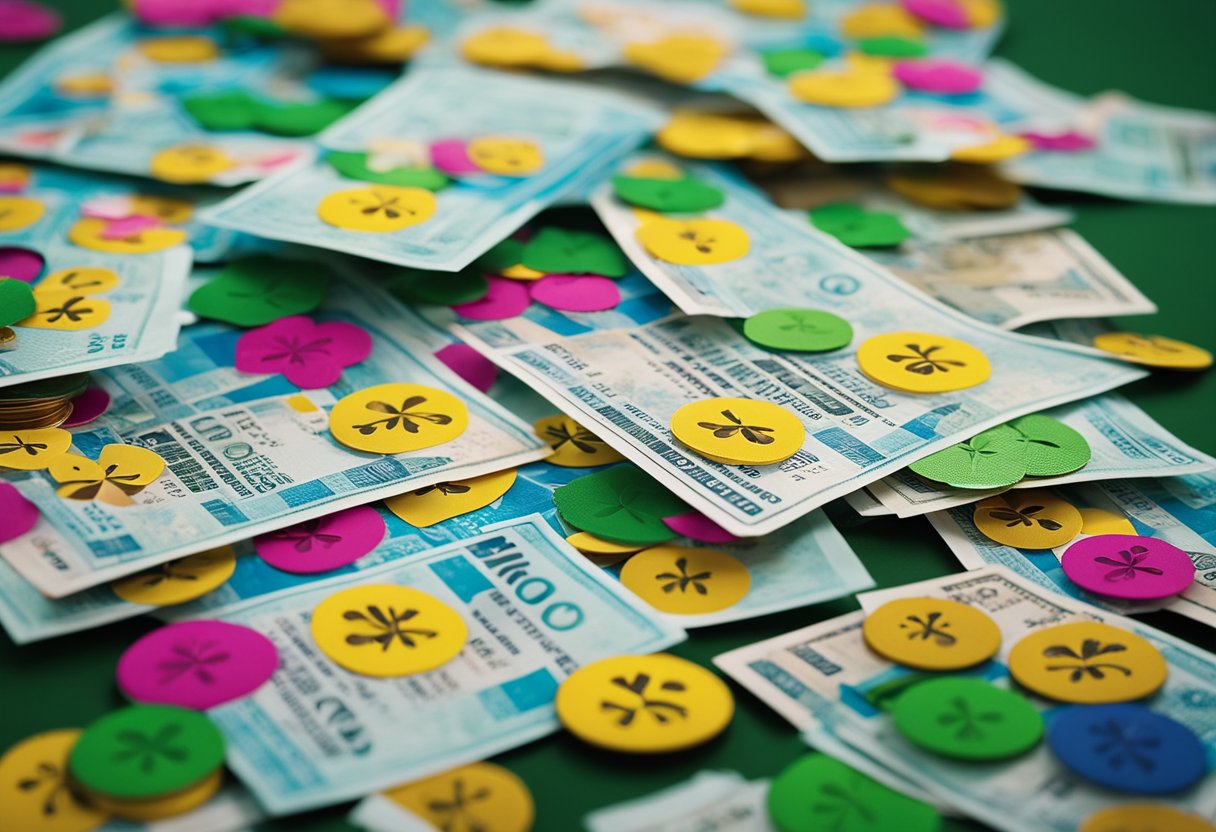 Uma variedade colorida de bilhetes de loteria, uma moeda dourada e um trevo de quatro folhas dispostos sobre uma mesa