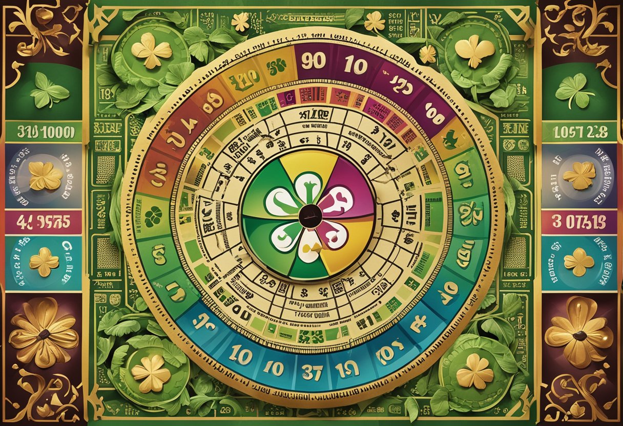 Um bilhete de loteria colorido cercado por símbolos da sorte e trevos de quatro folhas