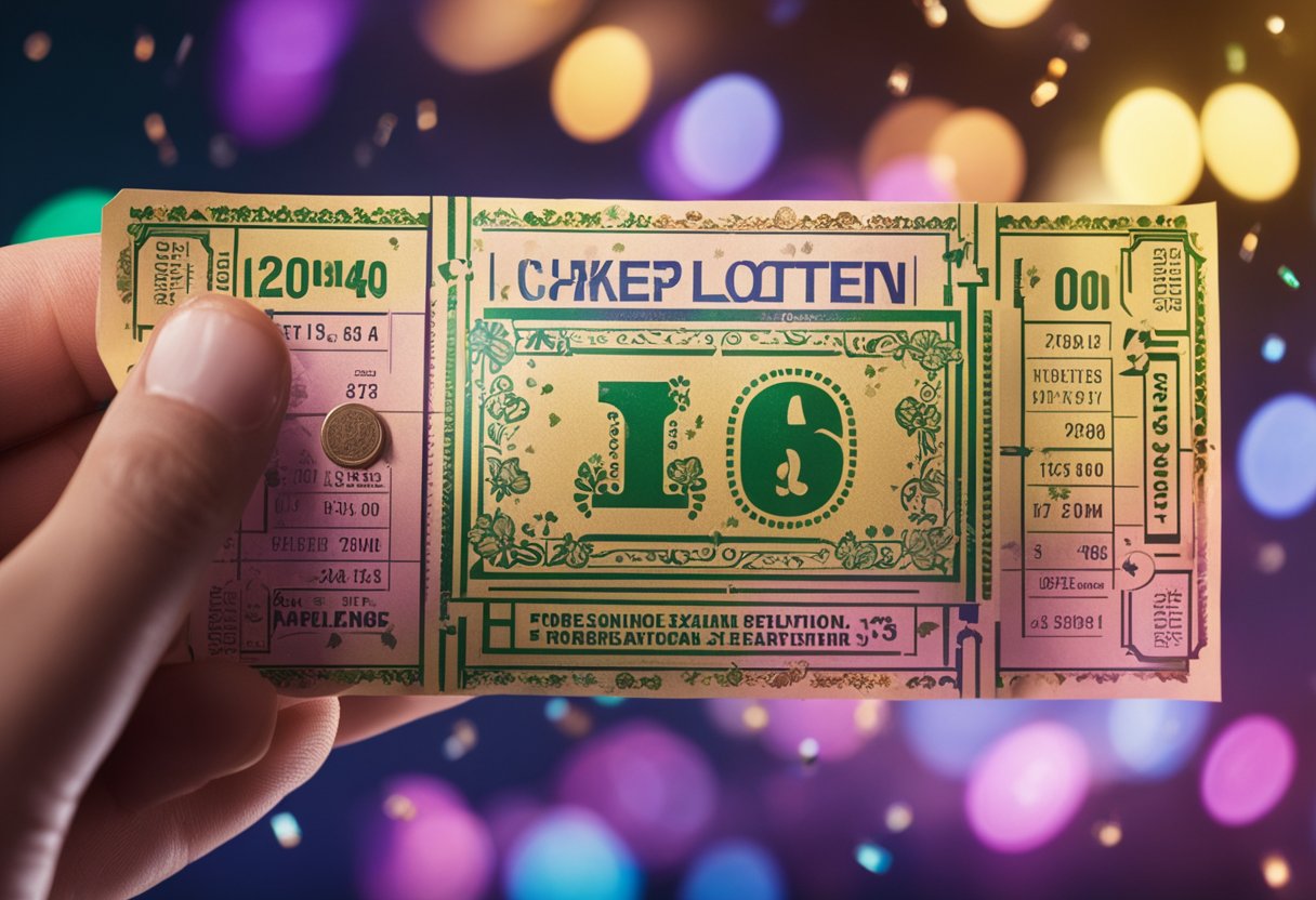 Um bilhete de loteria colorido cercado por símbolos de sorte, como ferraduras, trevos de quatro folhas e amuletos da sorte. Um holofote brilhante destaca o bilhete, criando uma sensação de antecipação e empolgação.