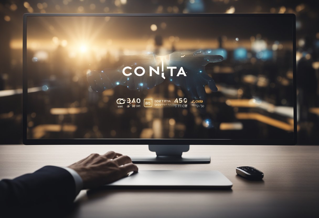 Uma mão se estendendo para uma interface digital com o logo da "Conta Inter" exibido na tela