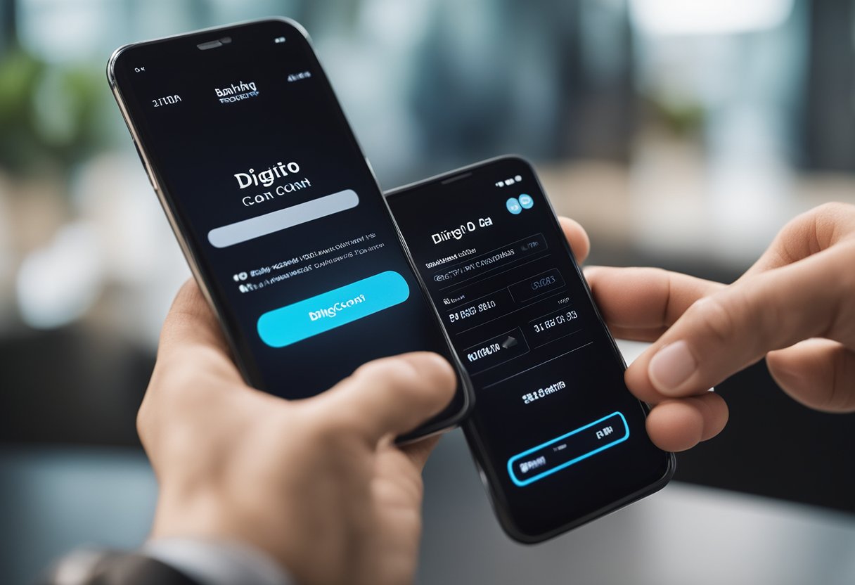 Uma mão se estendendo para um smartphone, com um aplicativo bancário aberto mostrando o número da conta e o campo "Dígito da Conta" destacado