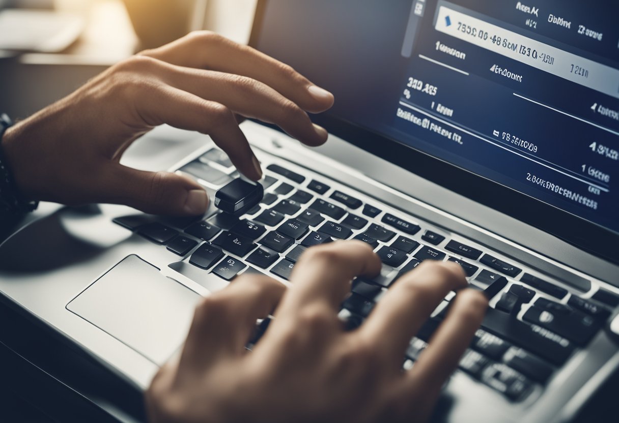 Uma mão alcançando um número de conta bancária na tela de um computador