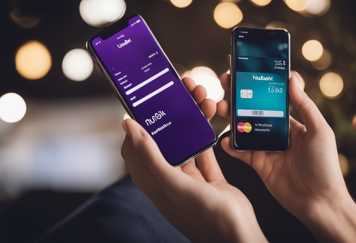 Uma pessoa segurando um cartão Nubank e usando um smartphone para acessar suas informações de conta