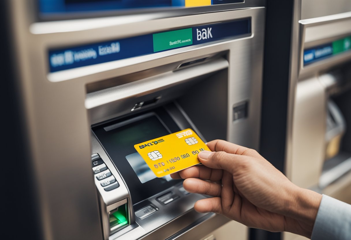 Uma mão inserindo um cartão bancário em um caixa eletrônico com o logo do Banco do Brasil exibido de forma proeminente