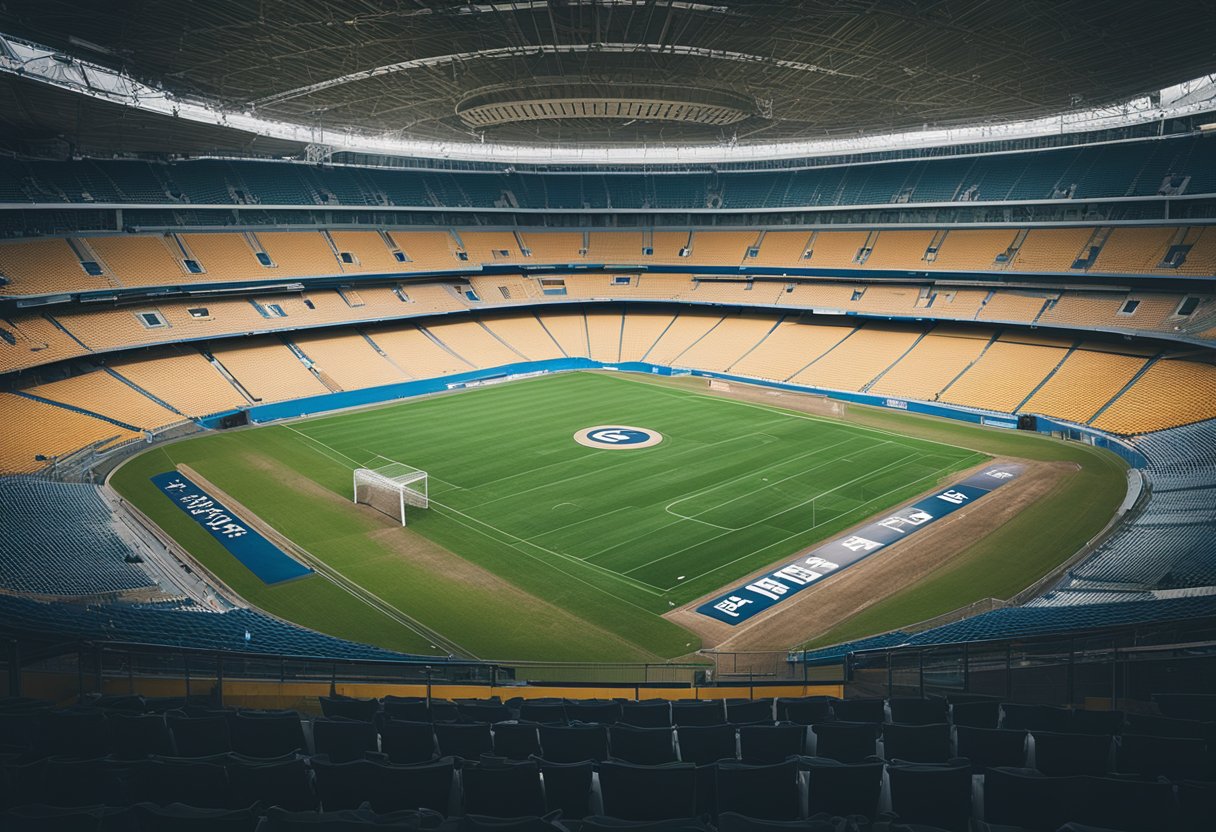 Um estádio esportivo com um grande símbolo de conta bancária vazia acima dele