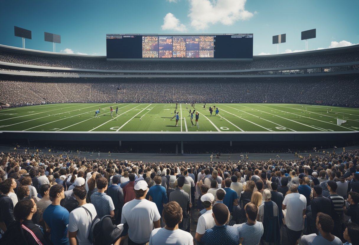 Um grande estádio esportivo com uma multidão de fãs, um placar exibindo o evento e uma fila de pessoas esperando para resolver problemas de pagamento.