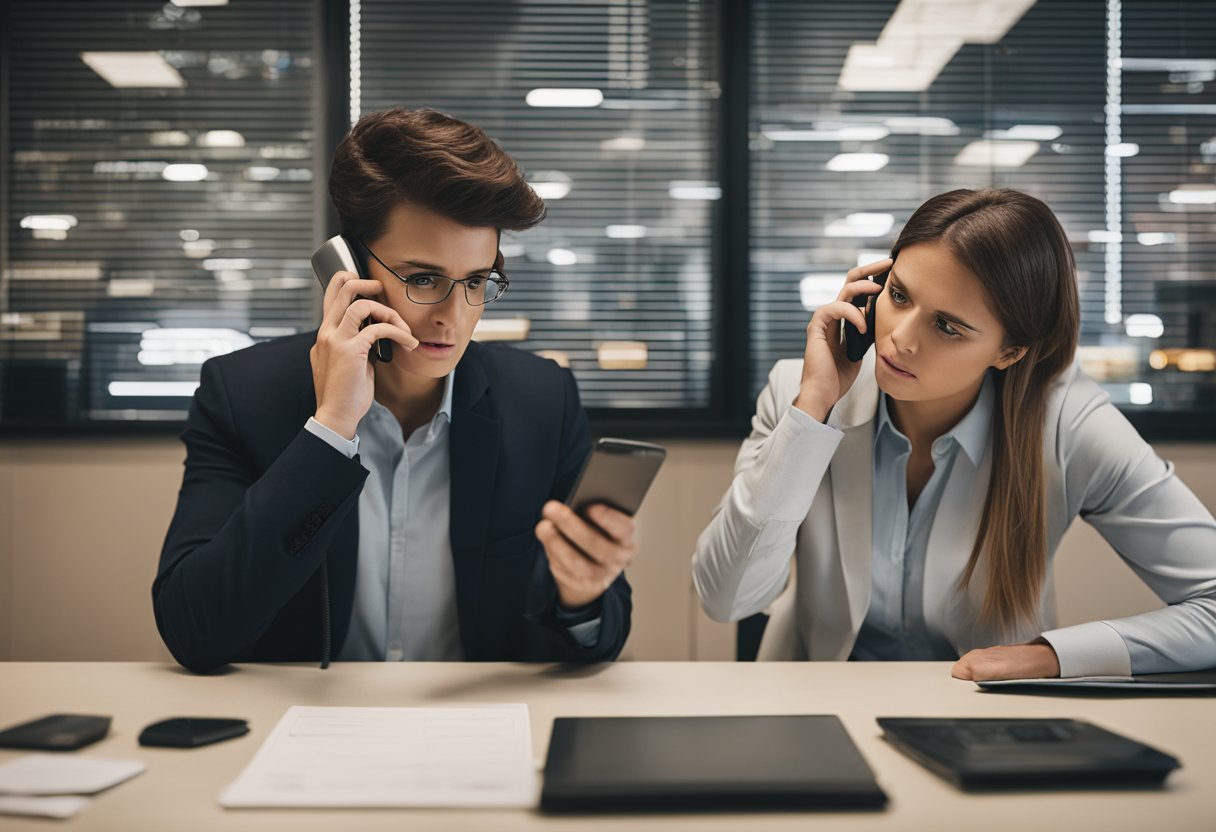 Uma pessoa frustrada olhando para sua conta bancária vazia, enquanto um representante de atendimento ao cliente ao telefone tenta ajudá-la a resolver o problema.