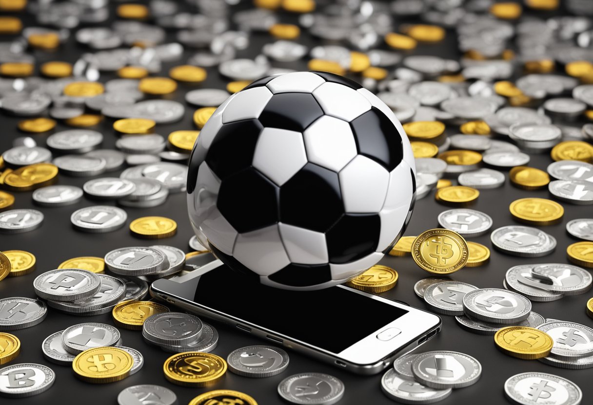 Uma bola de futebol e um smartphone com uma expressão perplexa, cercados por símbolos de moeda digital flutuantes.