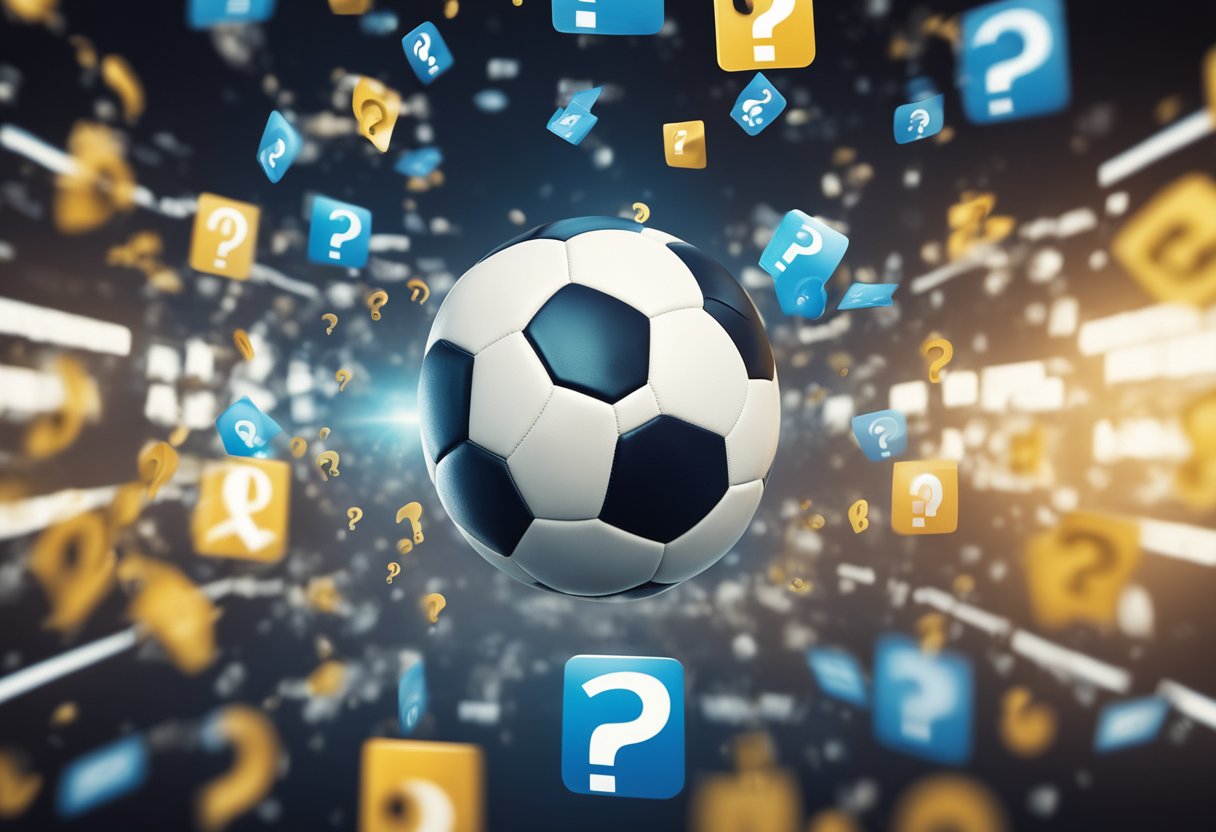 Uma bola de futebol paira acima de um símbolo de pagamento digital, cercada por pontos de interrogação e uma expressão perplexa.