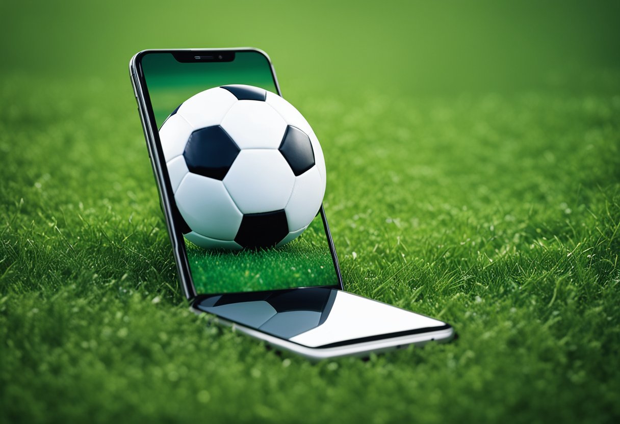 Uma bola de futebol parada na grama ao lado de um smartphone com uma expressão perplexa na tela.