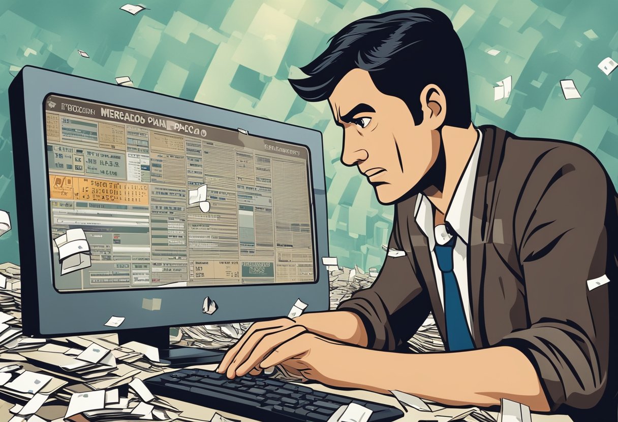 Uma pessoa frustrada olhando para a tela do computador com uma expressão perplexa, cercada por papéis espalhados e um telefone exibindo o logotipo do "Mercado Pago."