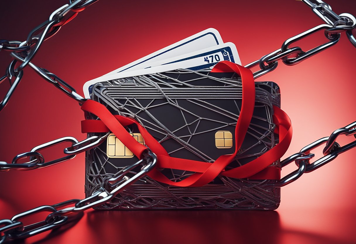 Um cartão de crédito preso em uma teia emaranhada de burocracia e correntes, com uma figura frustrada tentando se libertar.