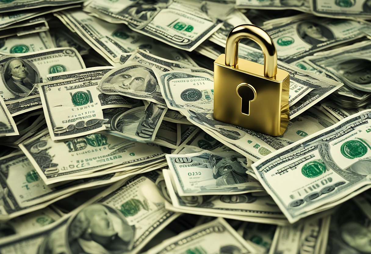 Uma pilha de dinheiro está presa dentro de um logo transparente do PayPal, cercada por vários métodos de desbloqueio, como uma chave, uma ferramenta de arrombamento e um código.