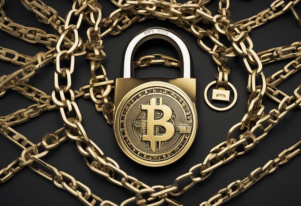 Uma teia emaranhada de símbolos de dinheiro e correntes, com um cadeado trancado no centro. Várias chaves e ferramentas espalhadas, sugerindo possíveis maneiras de desbloquear os fundos.