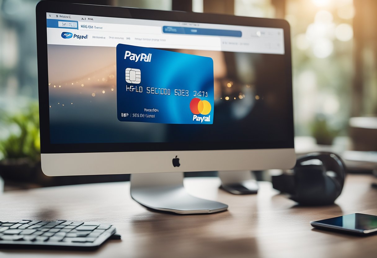 Uma tela de computador exibindo o site do PayPal com opções para liberar o dinheiro retido, um smartphone com o aplicativo do PayPal e um cartão bancário.