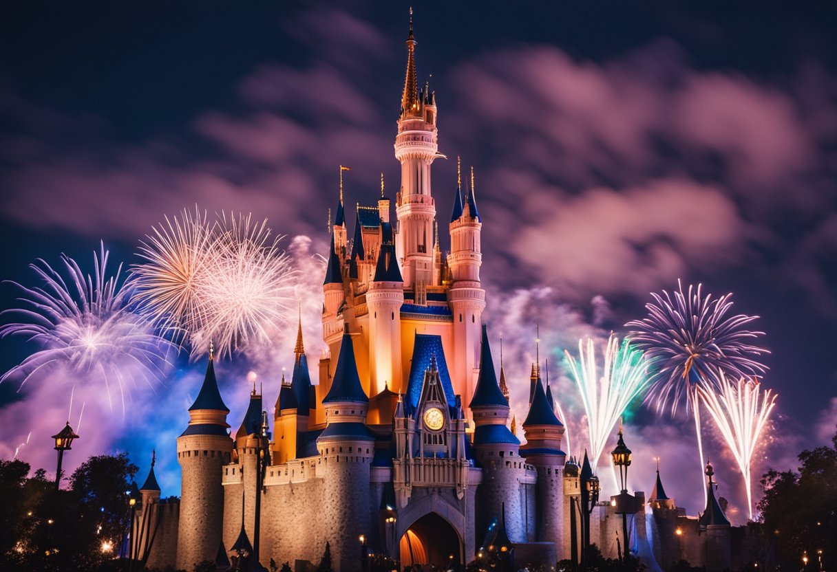Um castelo colorido com fogos de artifício ao fundo, cercado por personagens icônicos da Disney