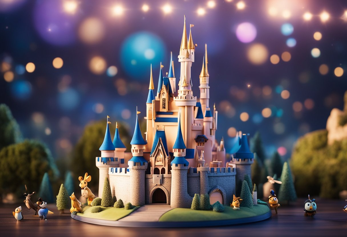 Um castelo mágico cercado por personagens coloridos dos filmes da Disney, com um dispositivo de streaming exibindo "Disney Plus" e uma oferta de teste gratuito.