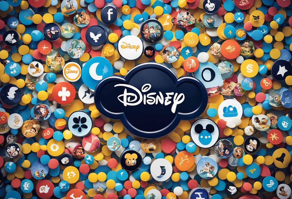 Um logotipo colorido do Disney Plus cercado por ícones flutuantes de personagens e filmes populares da Disney, com um símbolo brilhante de "graça" acima.