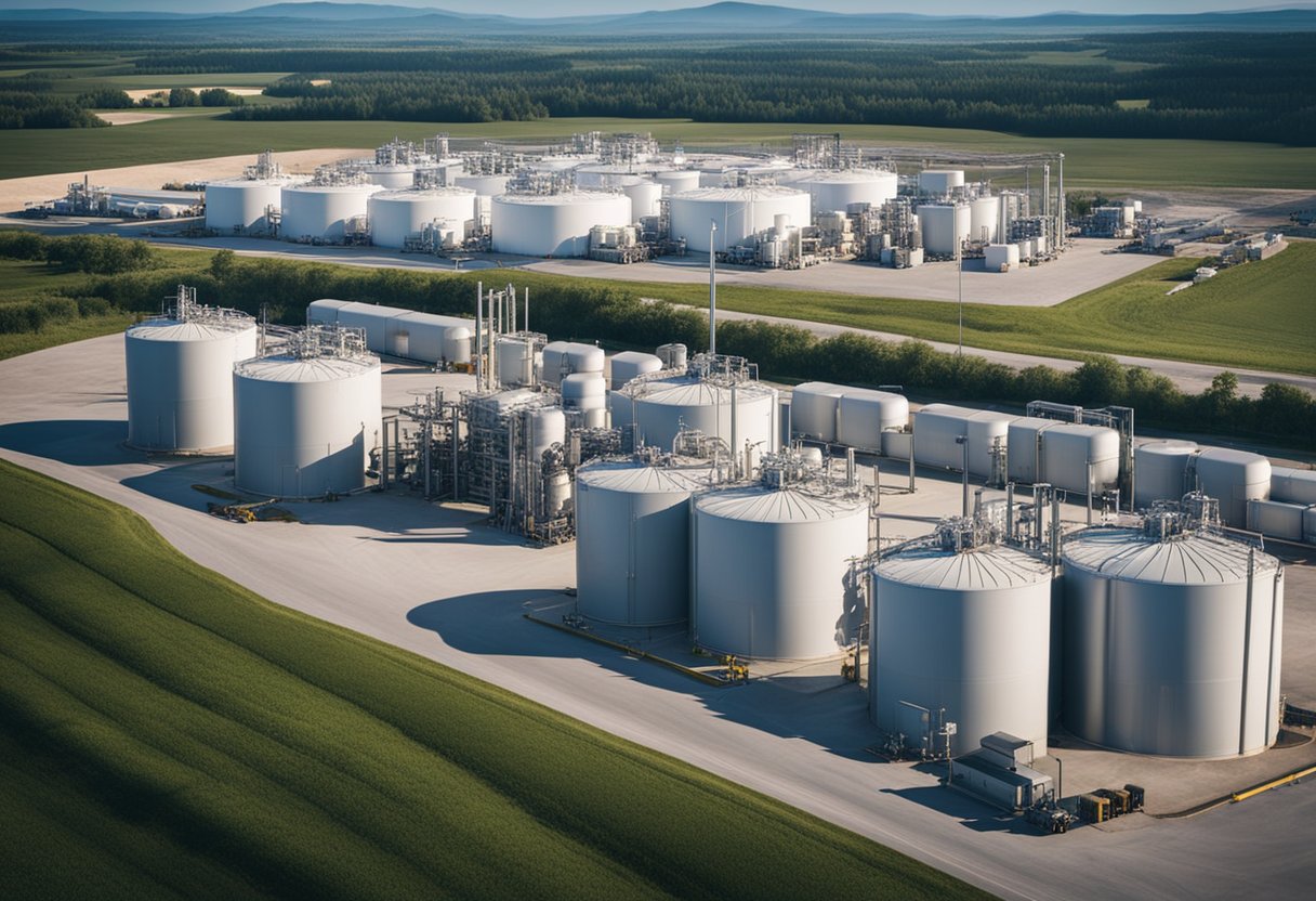 Um centro de distribuição de gás com caminhões carregando e descarregando cilindros.