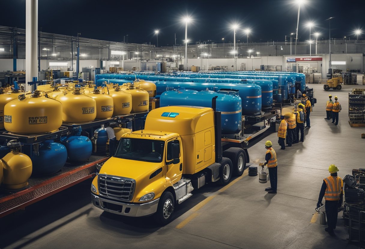 Um mercado de distribuição de gás movimentado, com caminhões carregando e descarregando cilindros, trabalhadores inspecionando equipamentos e clientes formando filas para comprar gás.