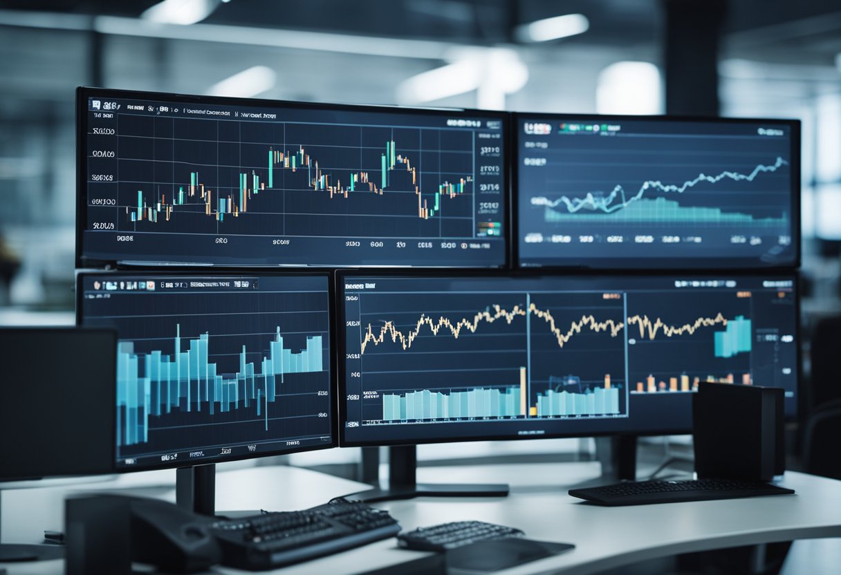 Uma planta de distribuição de gás com gráficos de lucro e dados financeiros exibidos em telas de computador