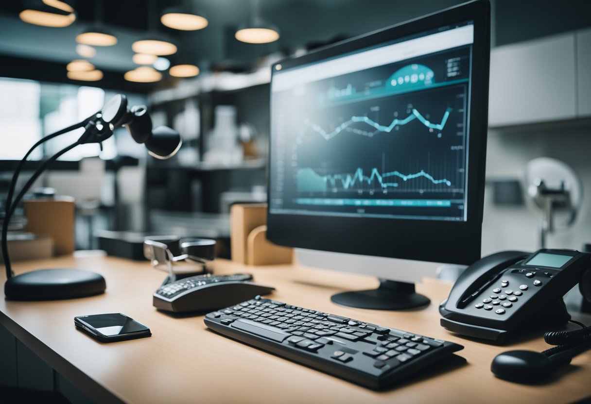 Um consultório médico com uma mesa e equipamentos médicos