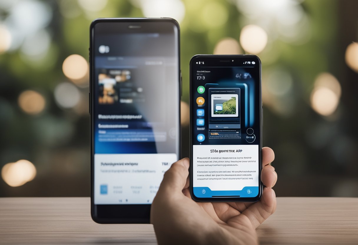 Um smartphone exibindo o aplicativo Caixa Tem com um ícone de documento digital e um usuário perplexo olhando para a tela