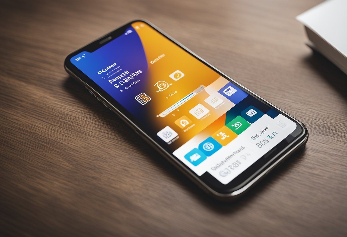 Um smartphone exibindo o aplicativo Caixa Tem com várias funcionalidades financeiras e documentos na tela.