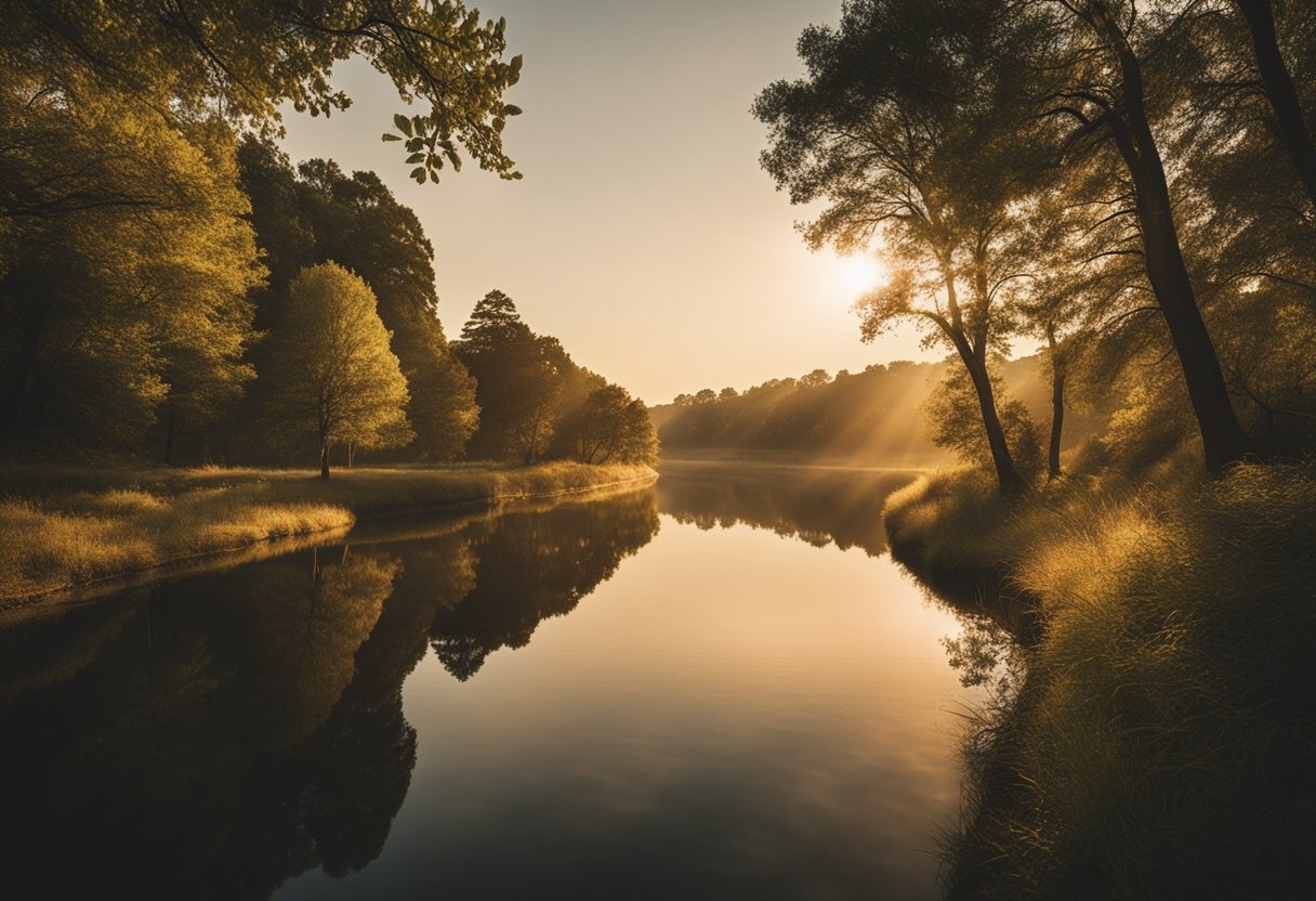 Uma paisagem serena com um rio sinuoso, árvores altas e um sol poente lançando um brilho quente sobre a cena