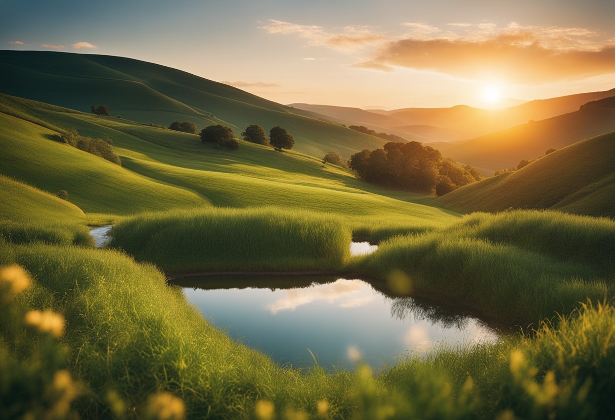 Uma paisagem serena com colinas onduladas, um lago tranquilo e um pôr do sol vibrante