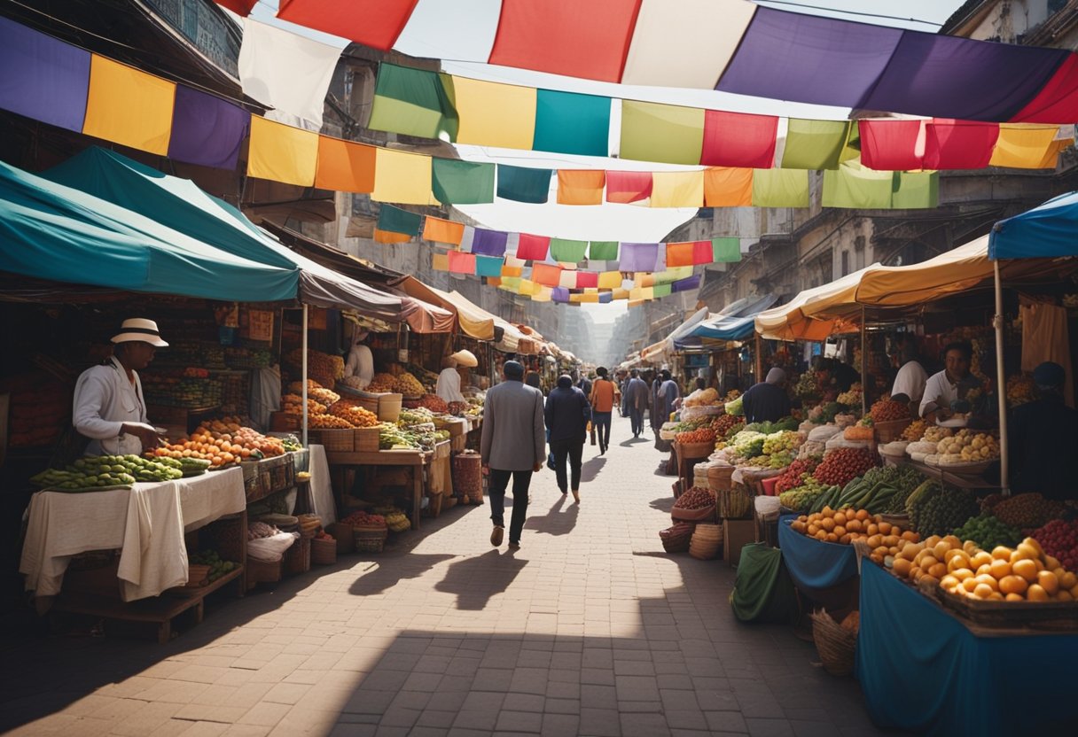 Um mercado movimentado com vendedores vendendo diversos produtos sob toldos coloridos, enquanto os clientes navegam e fazem compras.