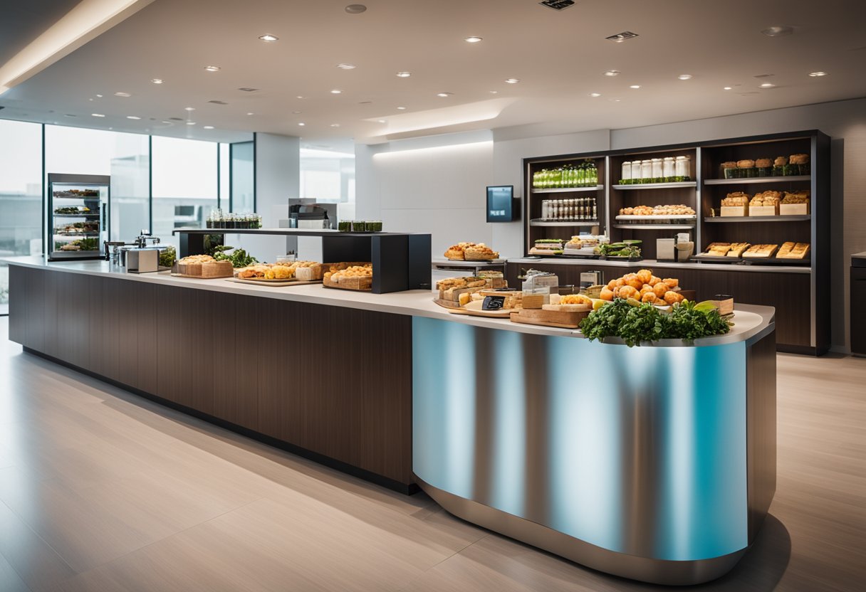 Um interior de banco moderno e elegante com um par de itens gastronômicos em uma mesa, apresentando o novo programa de benefícios do Banco Inter.