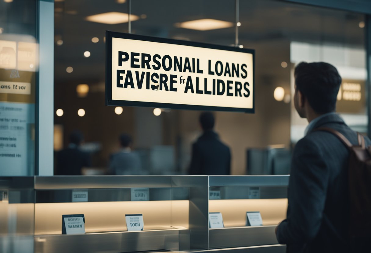 Uma pessoa em pé na frente de um banco, olhando para um cartaz que diz "Empréstimos Pessoais Disponíveis para Titulares de Conta Poupança."