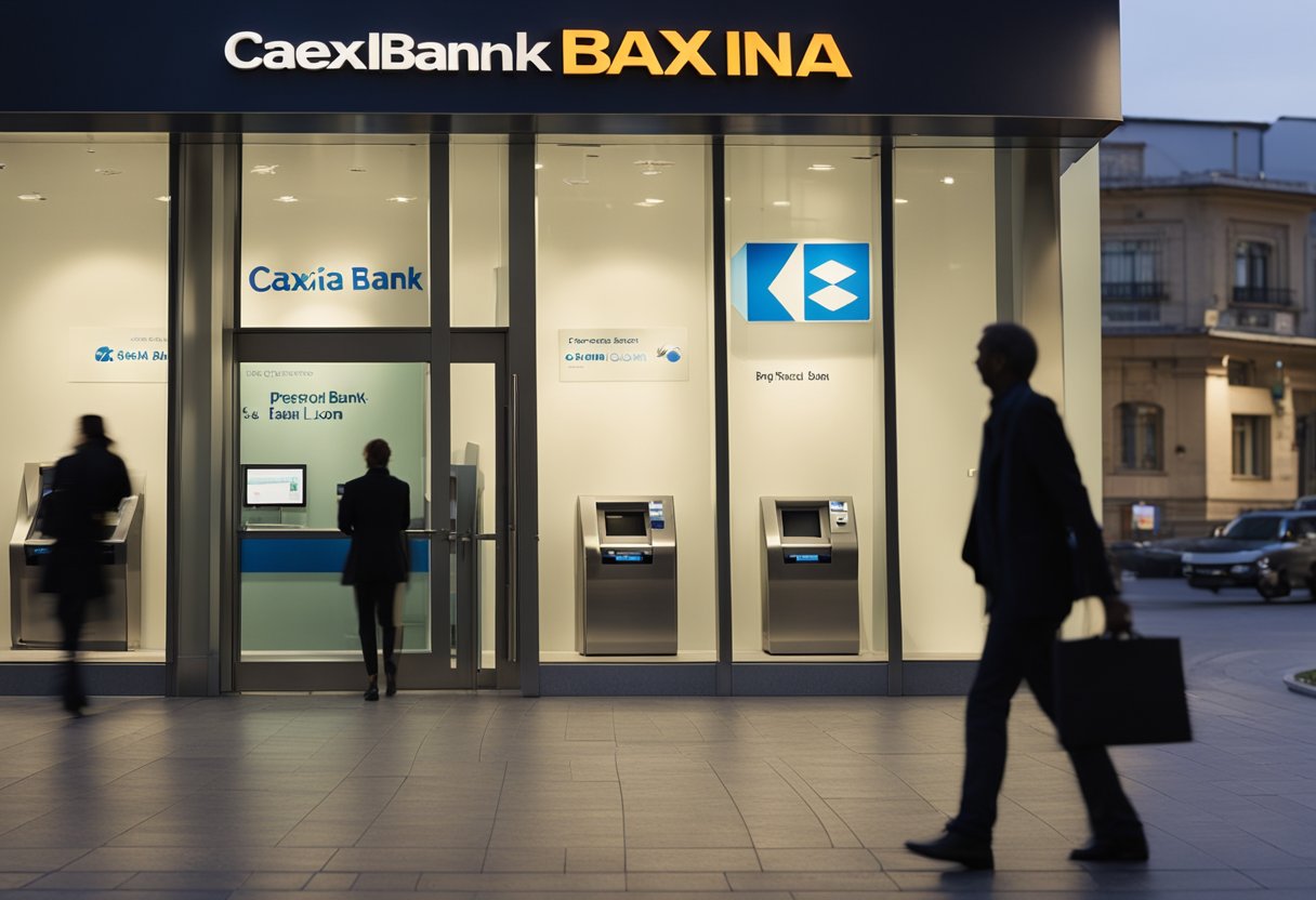 Uma pessoa em pé em frente a uma agência do banco Caixa, olhando para um cartaz de empréstimos pessoais. O prédio tem o logo da Caixa exibido de forma proeminente.