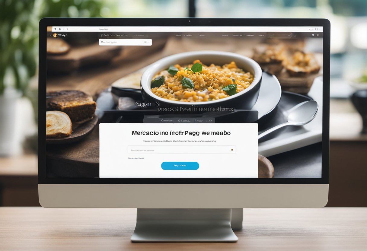 Um laptop exibindo o site do Mercado Pago com uma caixa de entrada de e-mail aberta, mostrando o usuário pesquisando por informações.