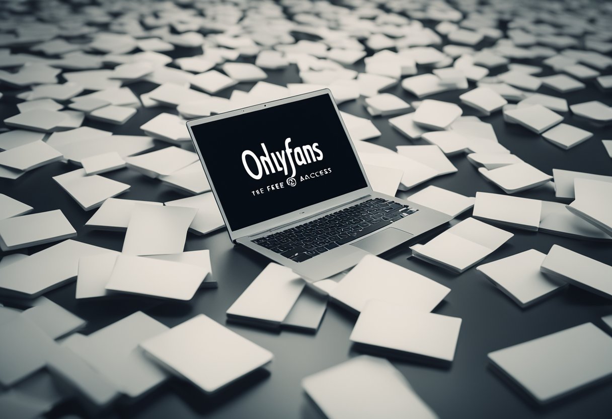 Um laptop com o site OnlyFans aberto, cercado por pontos de interrogação e um símbolo de acesso gratuito