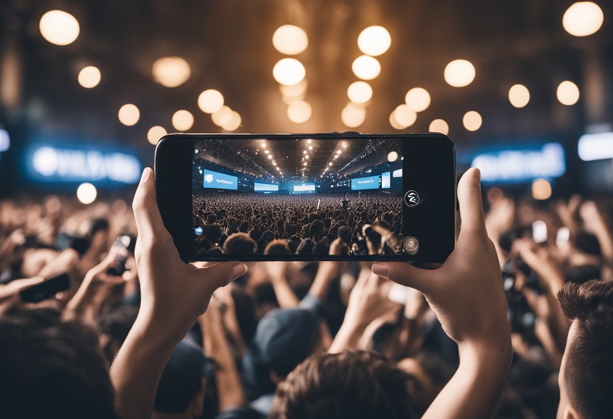 Um smartphone exibindo o logotipo do OnlyFans com um botão de "Acesso Grátis" destacado, cercado por uma multidão de pessoas animadas