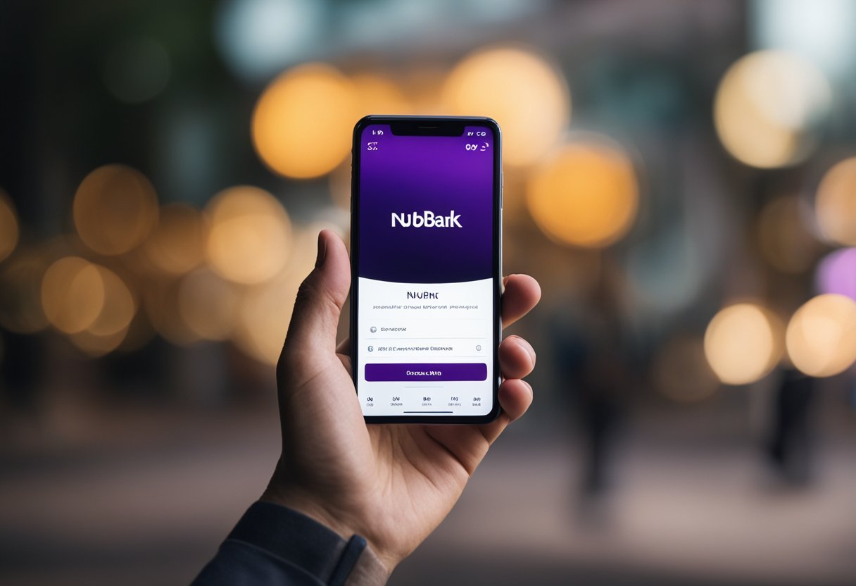 Uma mão segurando um smartphone com o aplicativo Nubank aberto, com um símbolo de dólar e um botão de compra visíveis na tela
