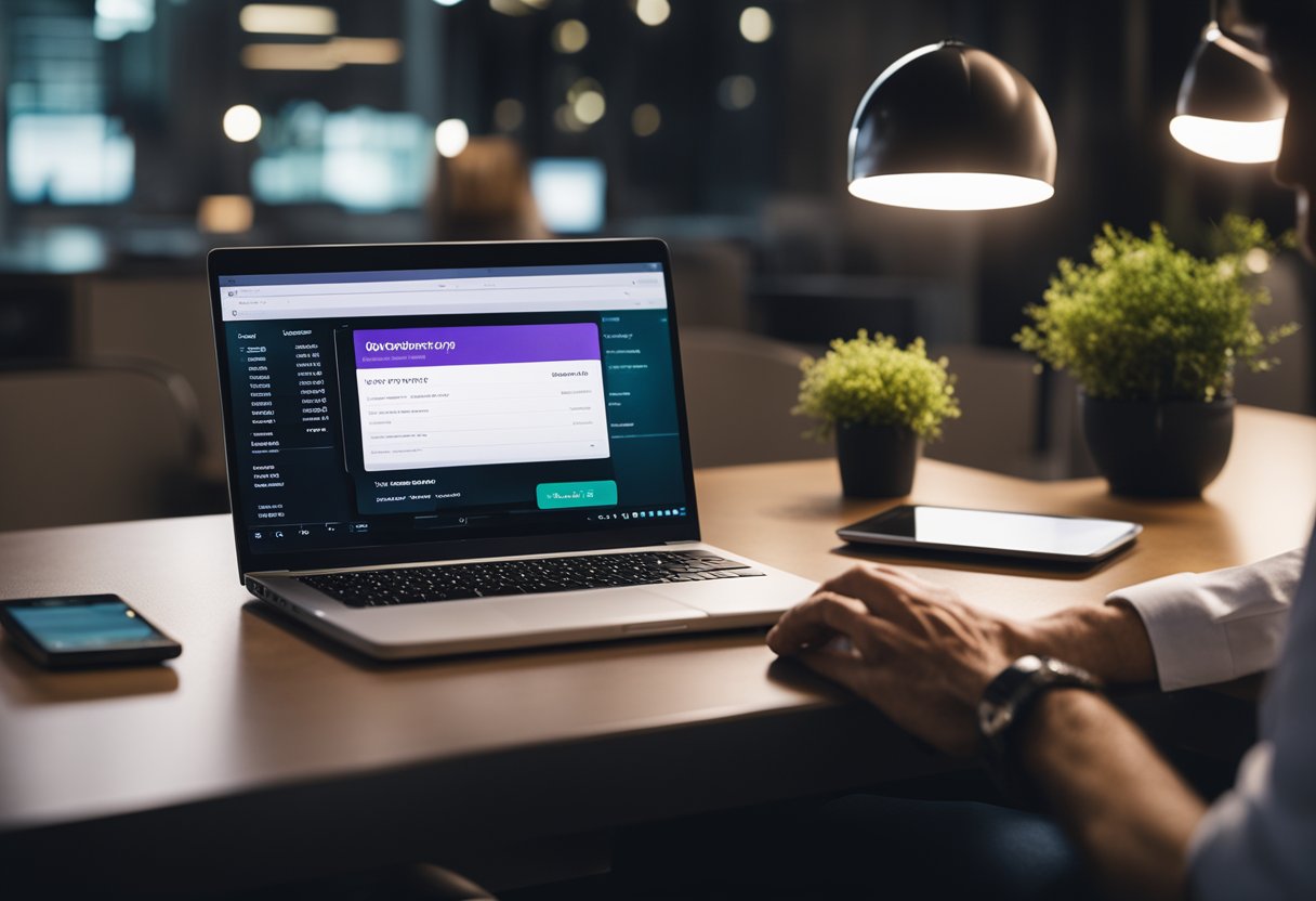 Uma pessoa sentada em uma mesa com um laptop, o aplicativo do Nubank aberto e um site de câmbio exibido na tela