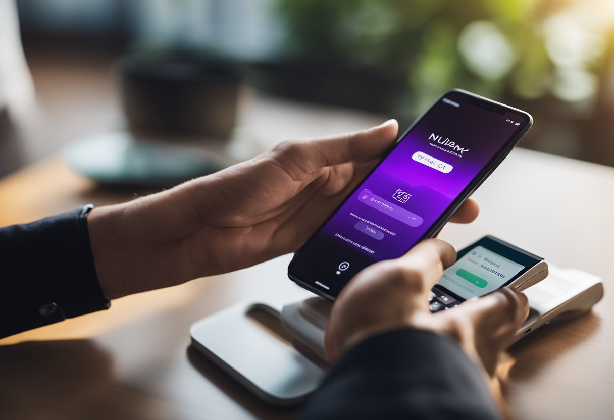 Uma mão segurando um smartphone com o aplicativo Nubank aberto, mostrando uma transação para comprar dólares