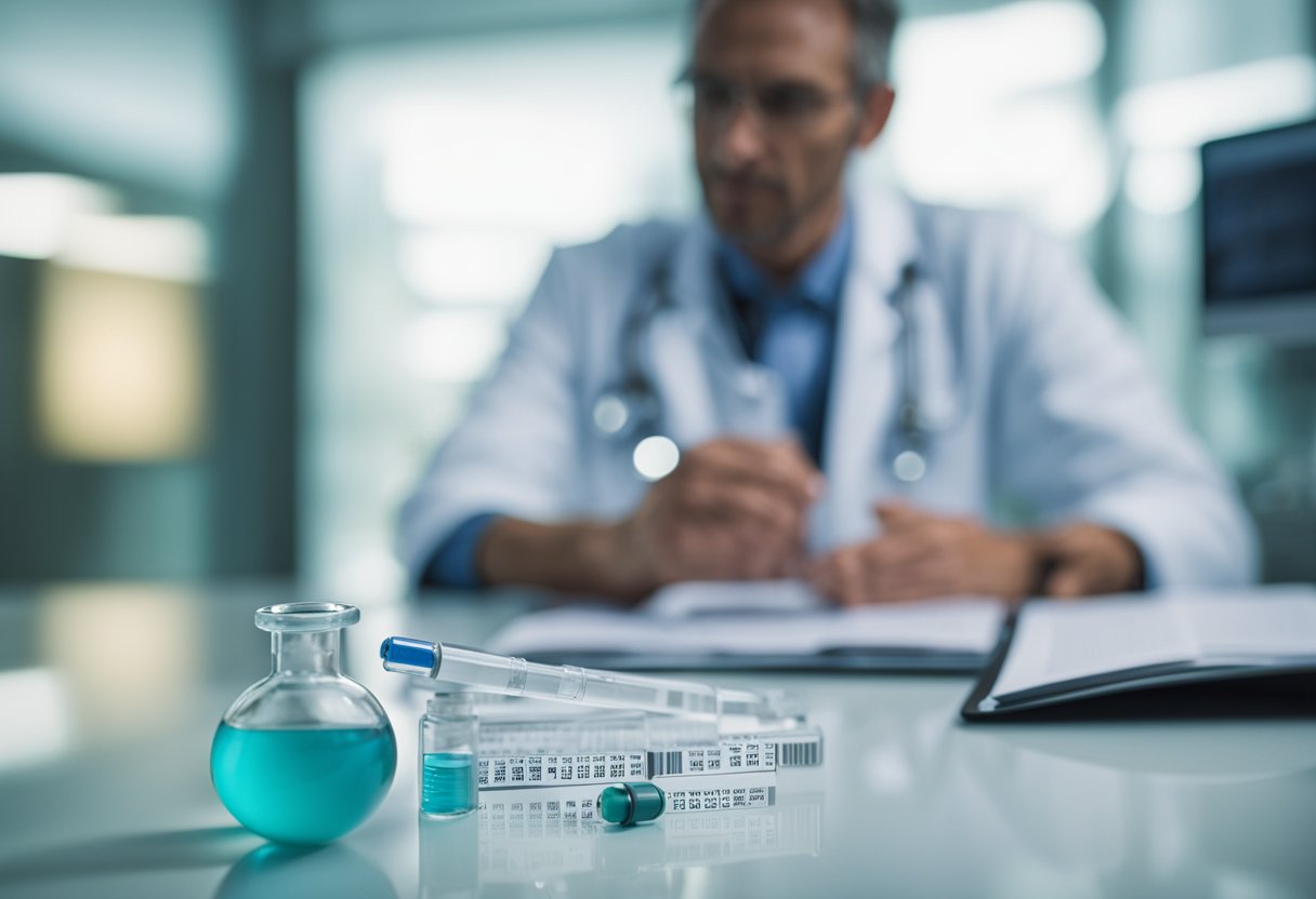 Um médico segurando um frasco de Ozempic, com o prontuário do paciente ao fundo, enquanto discute opções de tratamento.