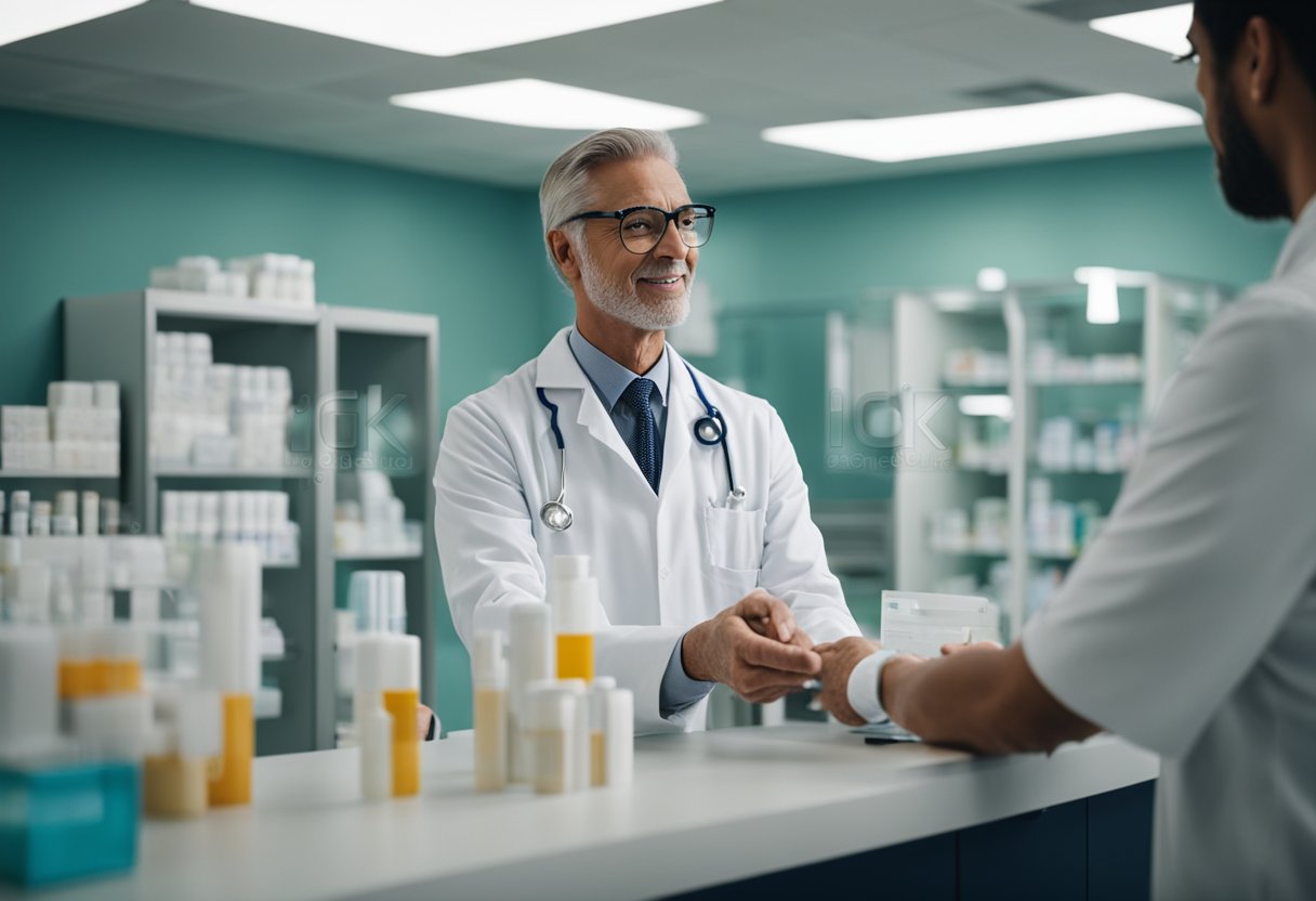 Um paciente recebendo medicação de um farmacêutico em uma clínica do SUS