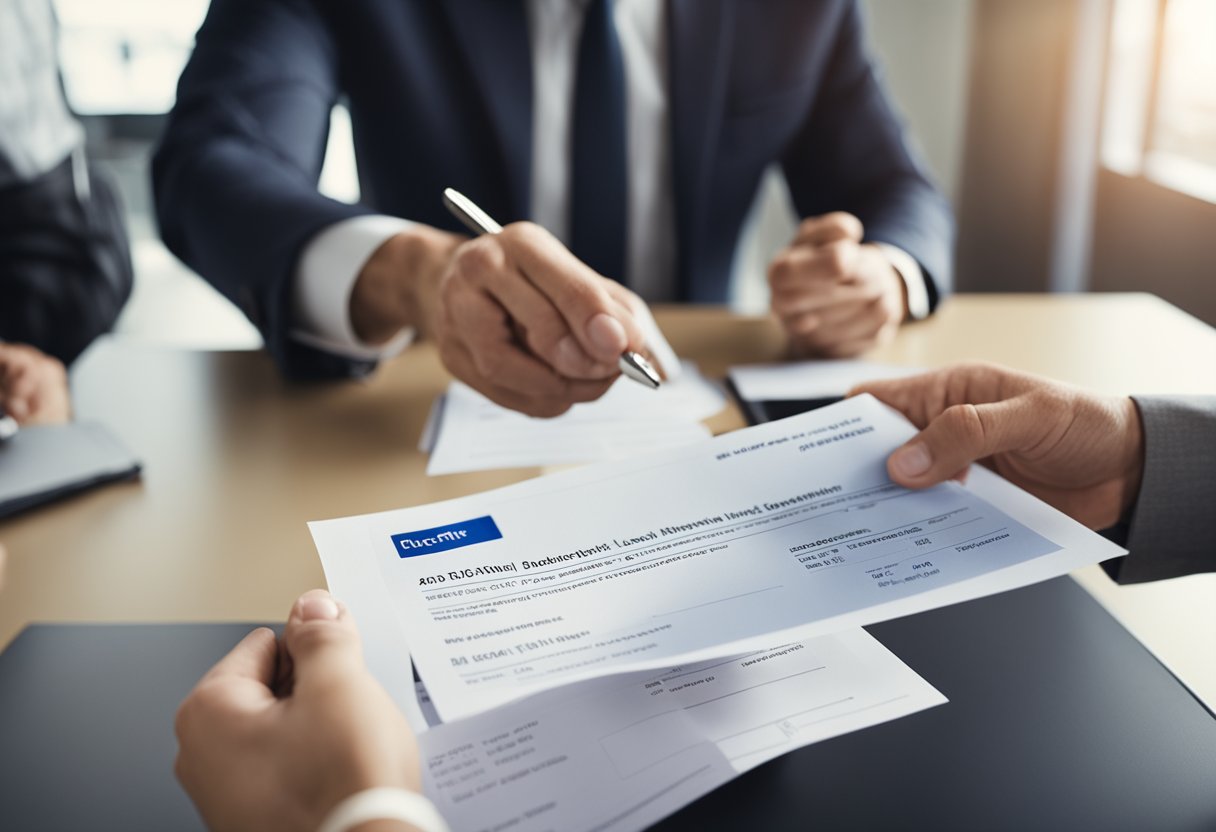 Uma pessoa entregando seu documento PIS a um caixa do banco, que está processando um pedido de empréstimo.