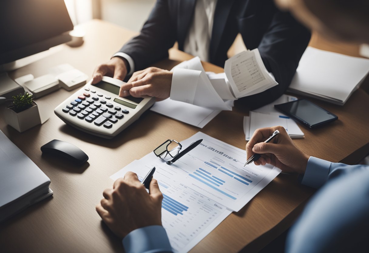 Uma pessoa sentada em uma mesa, cercada por papéis e uma calculadora, com um representante do banco explicando o processo de usar o PIS como garantia para um empréstimo.