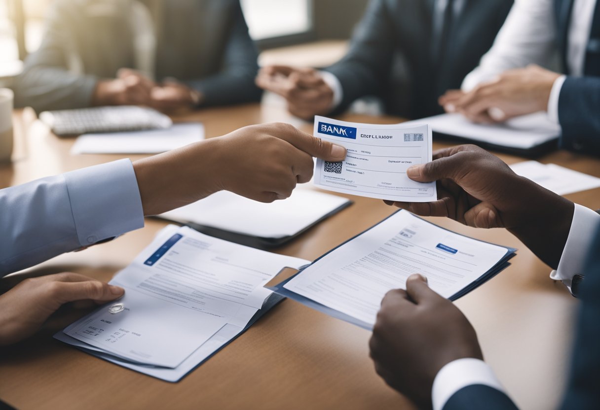 Uma pessoa entregando seu documento do PIS a um caixa do banco, enquanto discute um empréstimo usando o PIS como garantia.