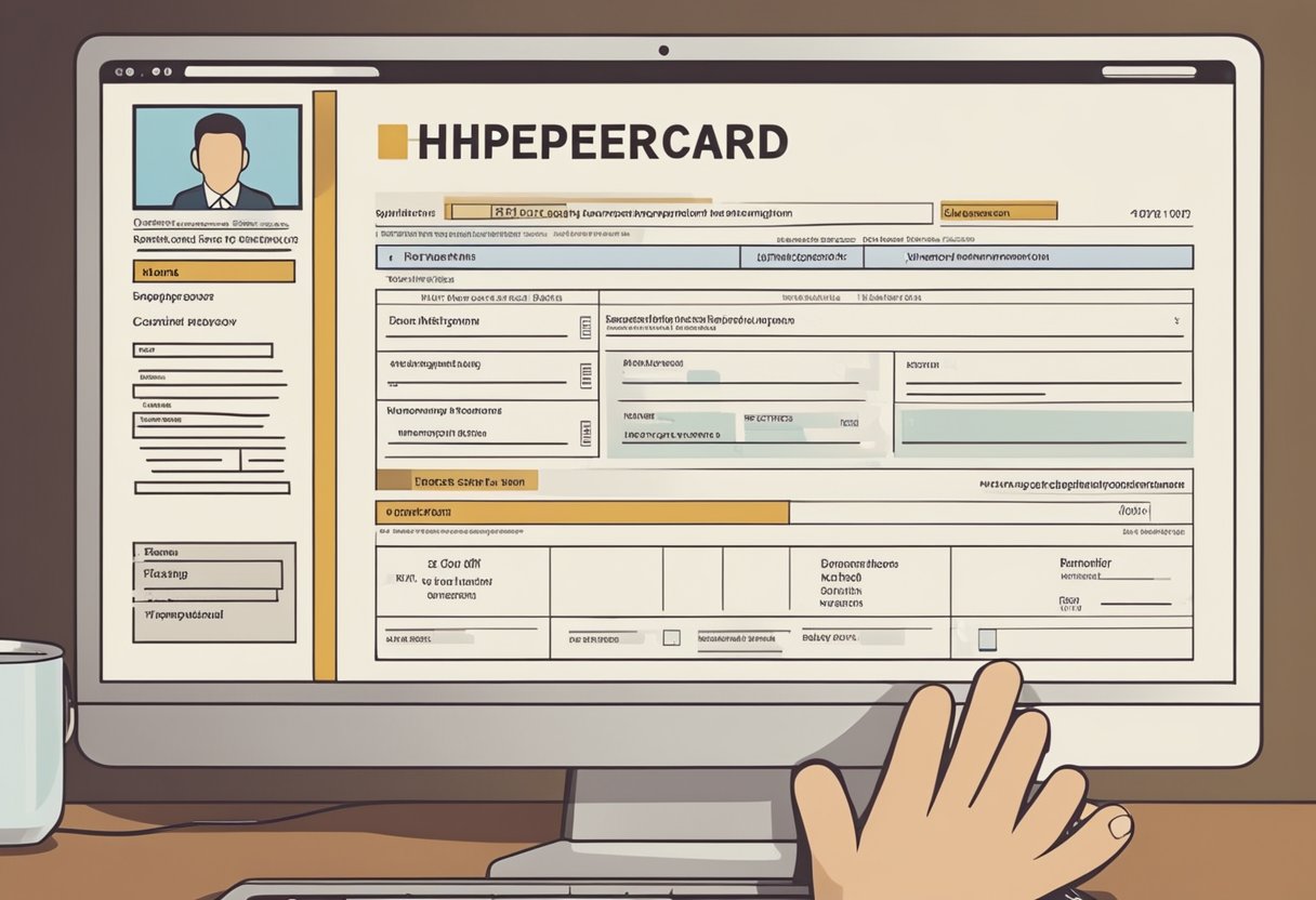 Uma pessoa sentada em um computador, preenchendo um formulário online para um Hipercard. A tela mostra o site do Hipercard e a pessoa está inserindo informações pessoais.