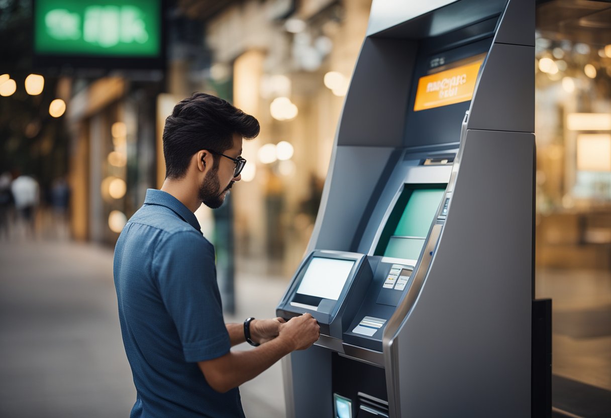 Uma pessoa em pé em um caixa eletrônico, inserindo informações para fazer uma transação PIX