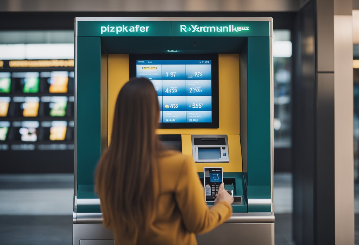 Uma pessoa em pé em um caixa eletrônico, usando a tela sensível ao toque para iniciar uma transação PIX. A tela exibe opções para fazer uma transferência PIX.