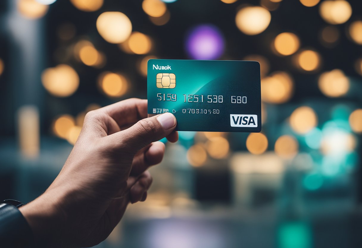 Uma mão segurando um cartão de crédito Nubank e usando um smartphone para fazer um pagamento via Pix